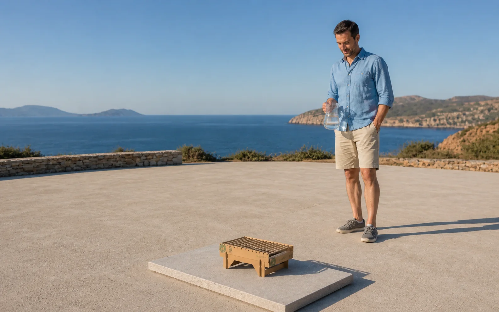 Ενήλικος επιβλέπει την CasusGrill καθώς κρυώνει σε ανοιχτό άκαυστο χώρο με νερό κοντά